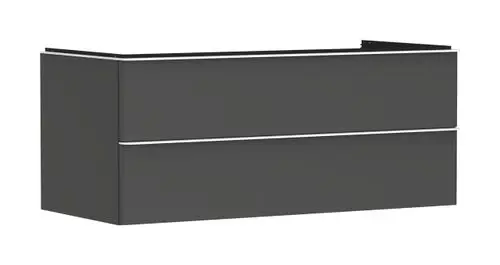 Waschtischunterschrank von Hansgrohe in diamantgrauem Mattfinish mit zwei Schubkästen, geeignet für einen Konsolentisch. Schlichte, funktionale Gestaltung.